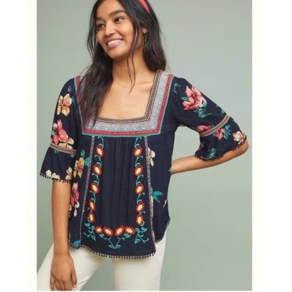 Anthropologie Embroidered Datoka Top Floral | Navy Blue Red Pink‎ | SZ XS0
